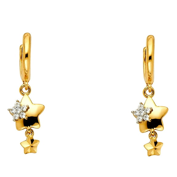 Ioka - 14K Yellow Gold CZ Stone Stars and Flower Hanging Huggies Earrings