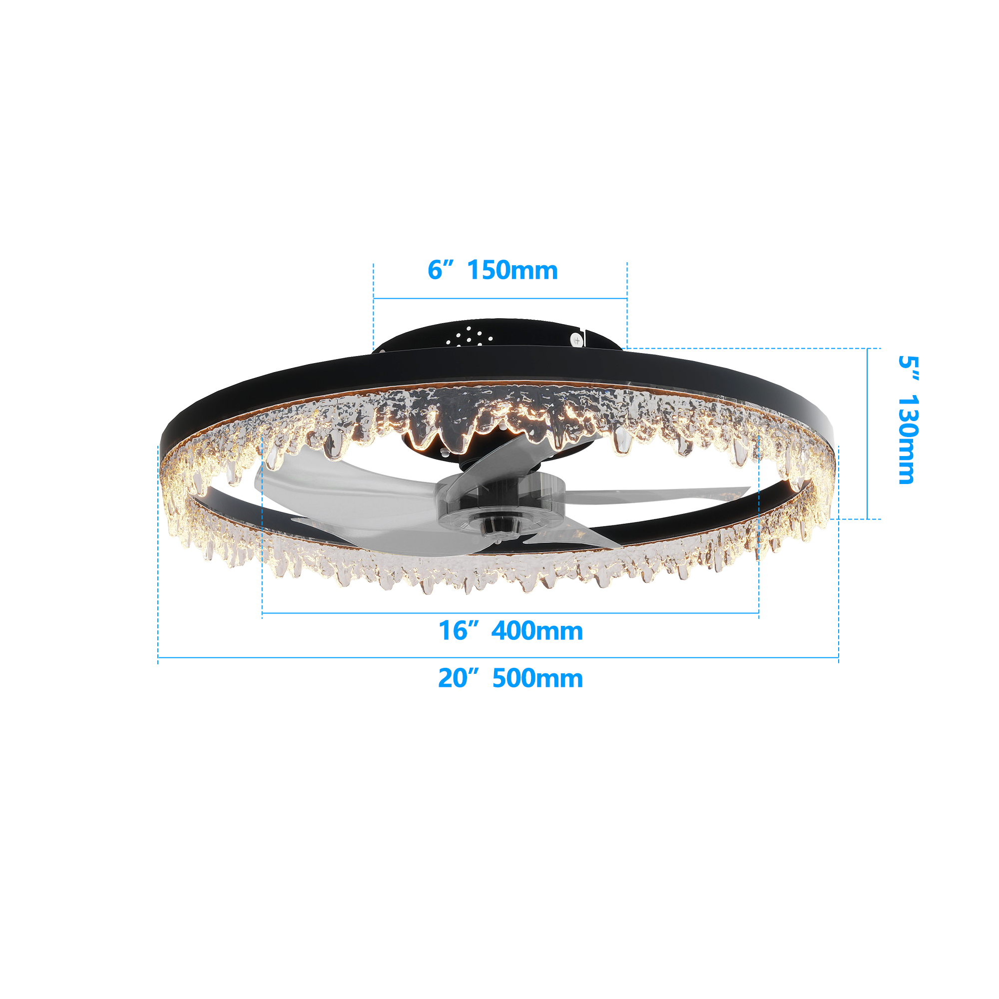 Leumius Luxury Crystal Ceiling Fan with Lights, 20In Flush Mount LED Chandelier Fan with 5 Invisible Blades, Remote & Timer, Bright Dimmable Lighting for Bedroom, Living Room, Dining Room