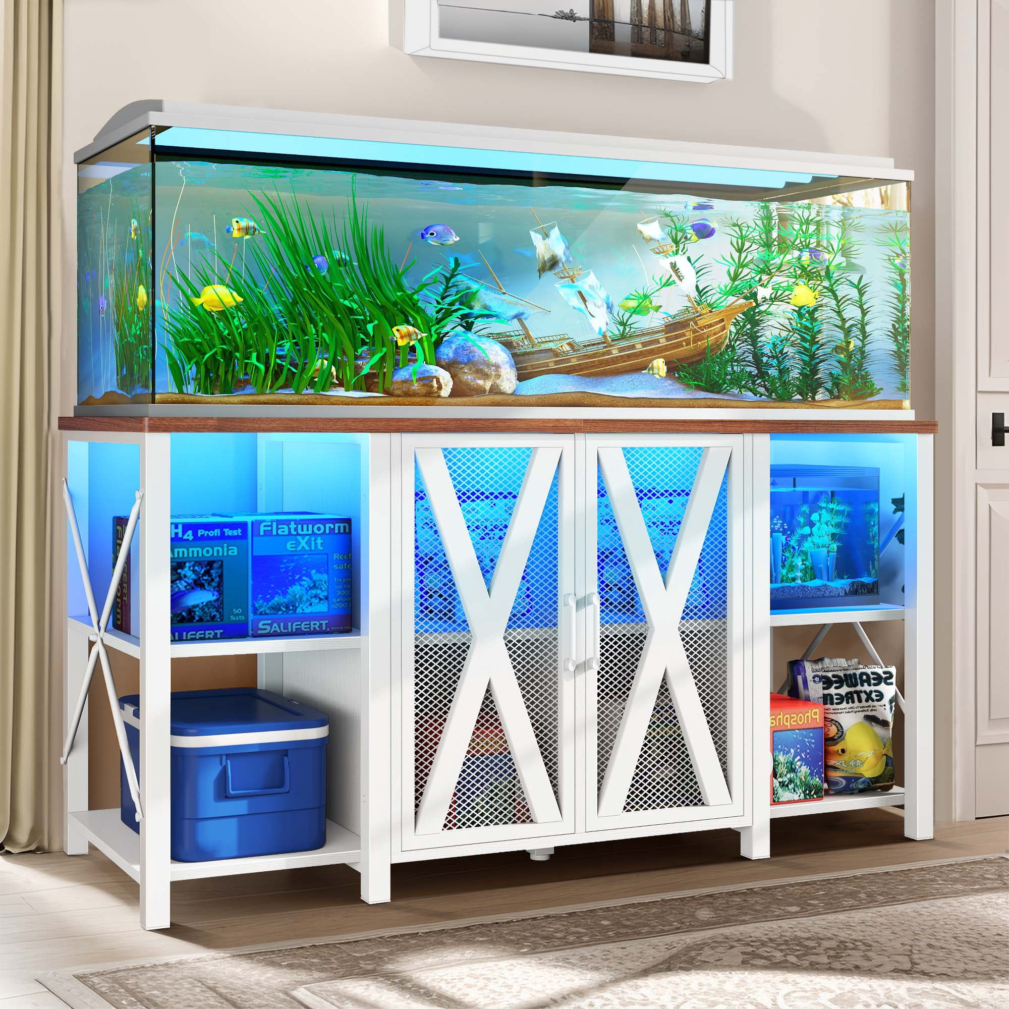 Dextrus Heavy Duty Metal Aquarium Stand with LED Light & Power Outlets – For 75-120 Gallon Tanks, White