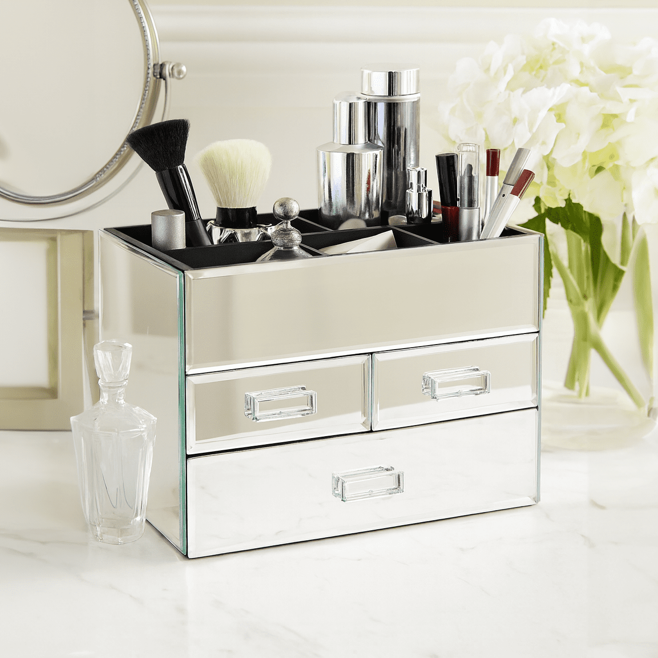 OnDisplay Miro 3 Drawer Mirrored Glass Makeup & Jewelry Organizer – Tiered Vanity Storage Box with Drawers and Velvet Lined Compartments (Silver)