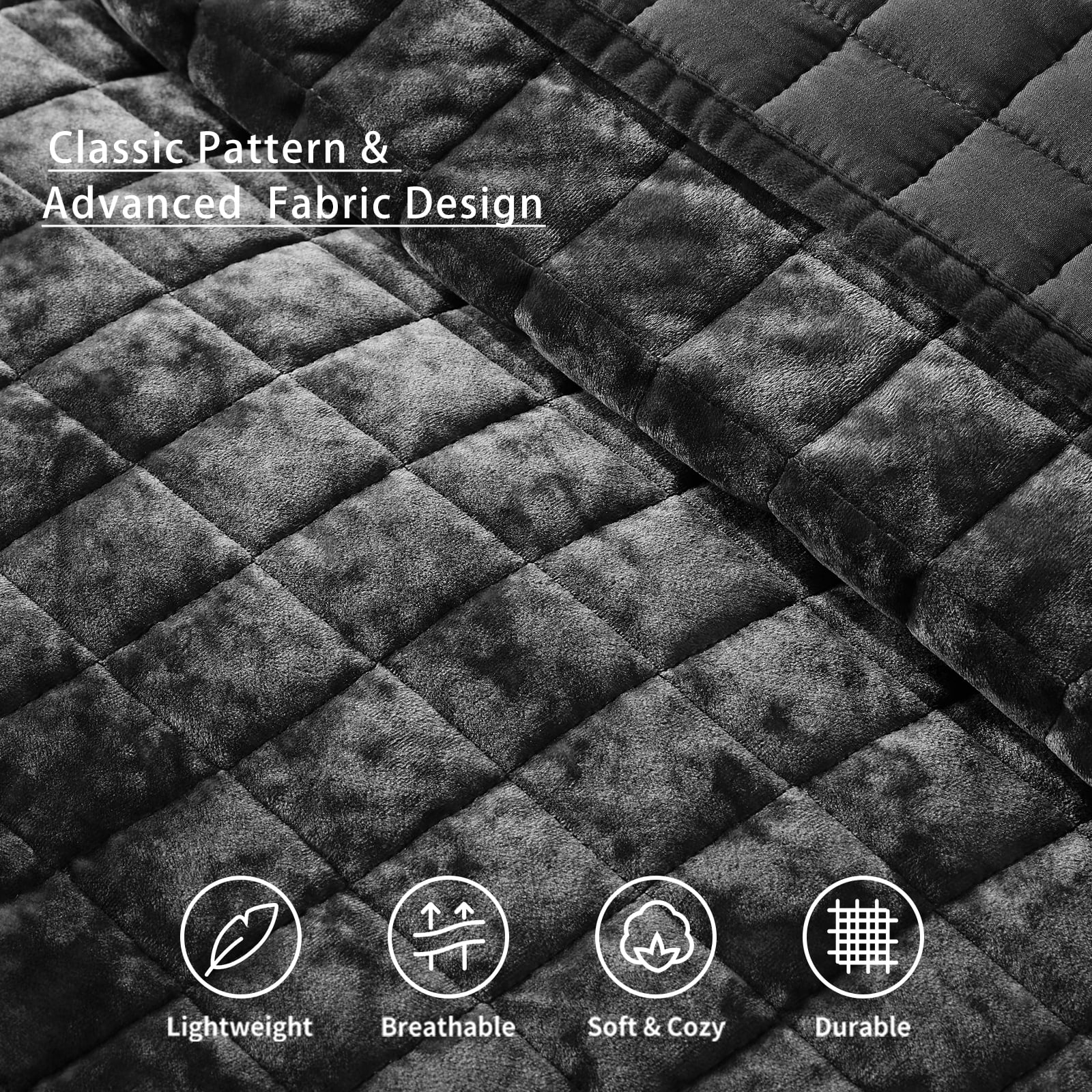Velvet Quilt King Size-98''x106'', Lightweight Black Velvet Comforter Set with 2 Pillow Shams, Soft Bedspread Coverlet Quilted Bedding Set for All Season