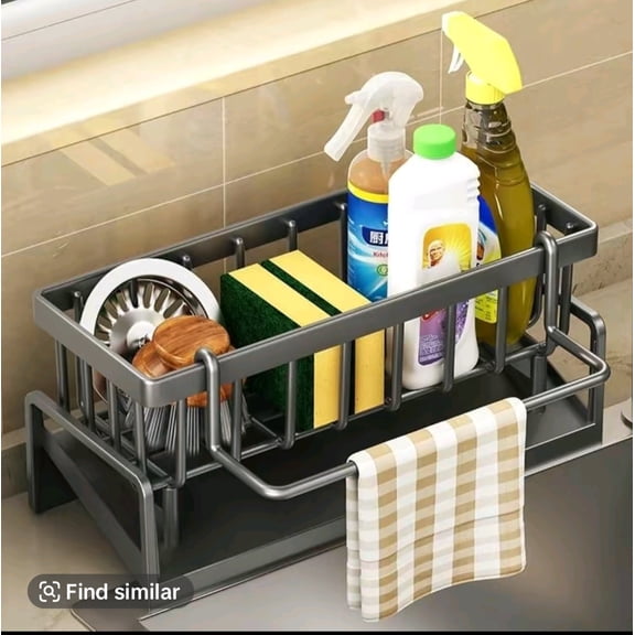Kitchen Sink Sponge Holder, Rustproof Non-Slip Self-Draining Metal Sink Caddy with Detachable Dish Cloth Holder (Black)