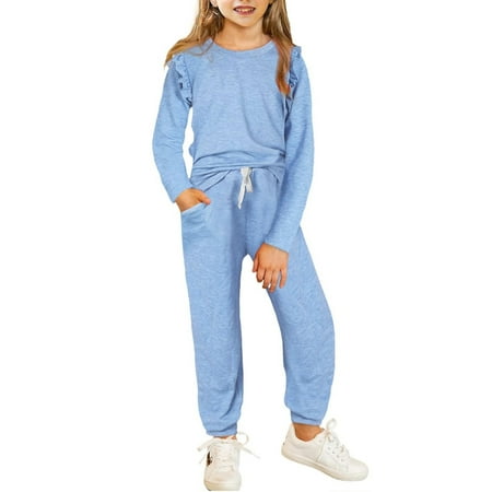 

NAISIBABY Big Girls Sweatshirts Sweatpants Sets Casual Solid Color Long Sleeve Kids 2-Piece Sets Blue 8-9T