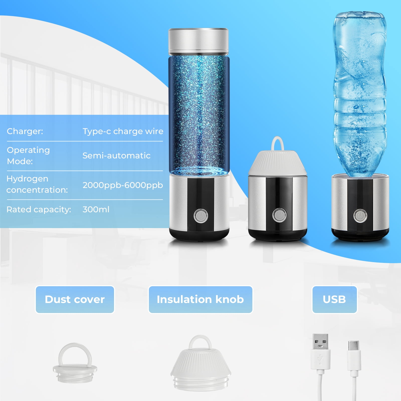 Hydrogen Water Bottle with Portable Hang-On Lid, Up to 6000 PPB, Screws onto Any Standard Water Bottle for On-the-Go Hydration, FDA Food-Grade & FCC Certified,  Outdoor