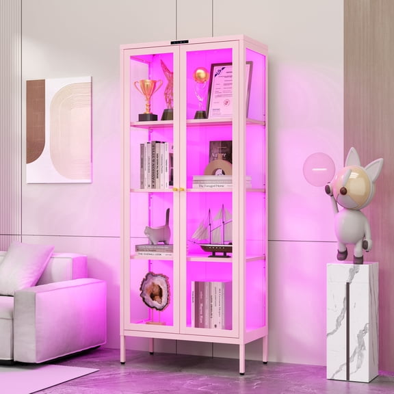 UNICOLY 66"H Display Cabinet with Glass Doors,8 Color LED Lights with 4-Tier Adjustable Shelves,Dispay Curio Storage Cabinets, Pink
