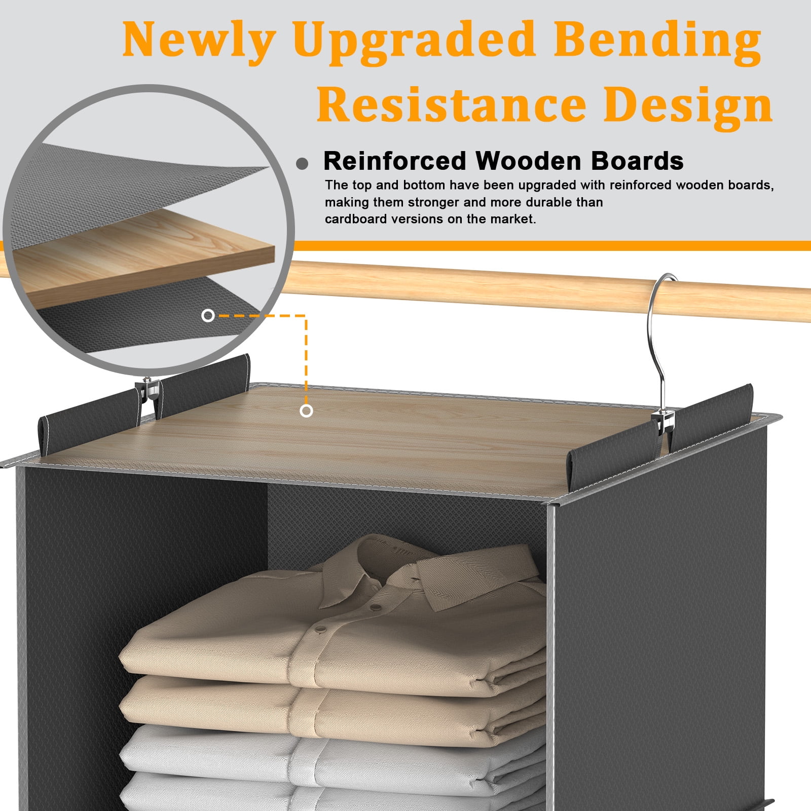 Closet Hanging Storage Shelves, 6-Shelf Hanging Closet Organizer with Bamboo Inserts, Foldable Closet Organizers and Storage for Bedroom,Sturdy Hook Closet Storage W/ 2 Side Pockets,Gray