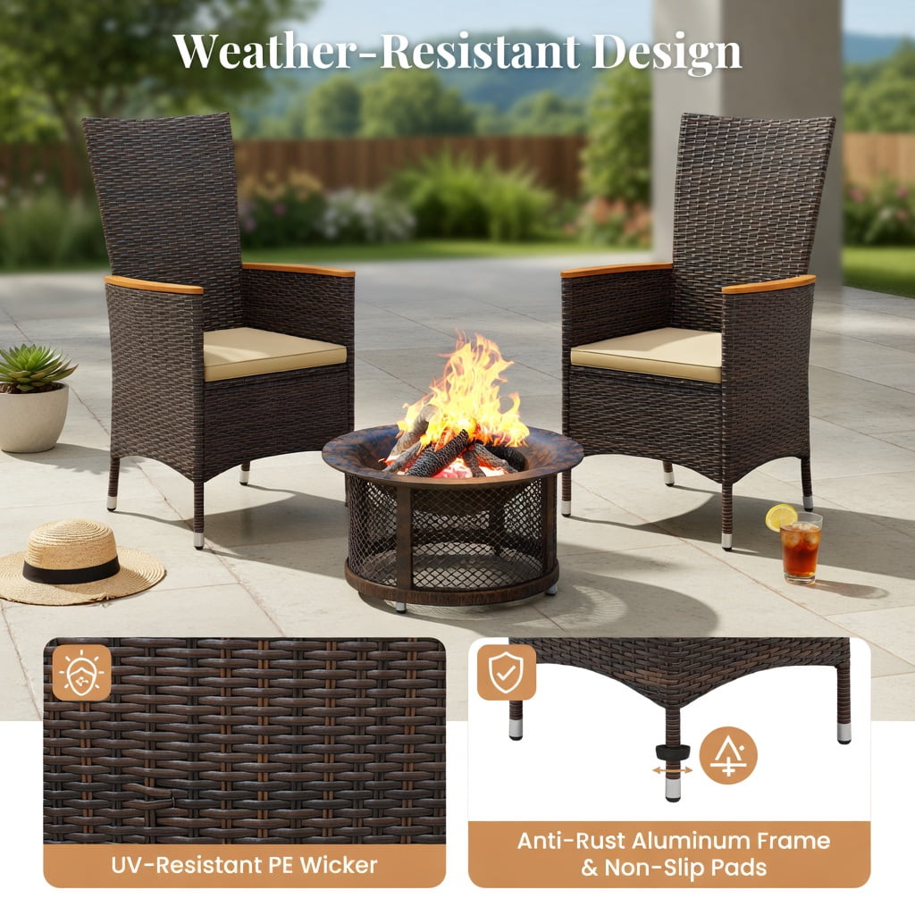 Hommoo 4-Piece Outdoor Dining Chair Set, High-Back Wicker Patio Chairs with Cushions, PE Rattan & Acacia Wood Frame, Weather-Resistant for Backyard, Porch & Poolside, Natural