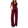 thumbnail image 2 of 2 Piece Sets for Women Ribbed Slim V Neck Crop Tops Matching Straight Leg Ruched Pants Summer Vacation Outfits, 2 of 8