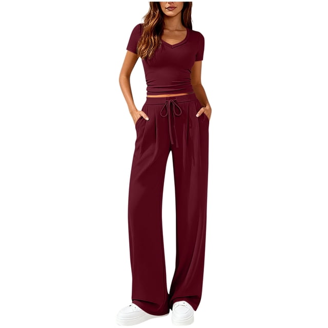 lcziwo Womens Ribbed Knit Lounge Set Short Sleeve V Neck Crop Tops and Wide Leg Drawstring Pants Two Piece Soft Lightweight Matching Outfits Sets,Wine,XL