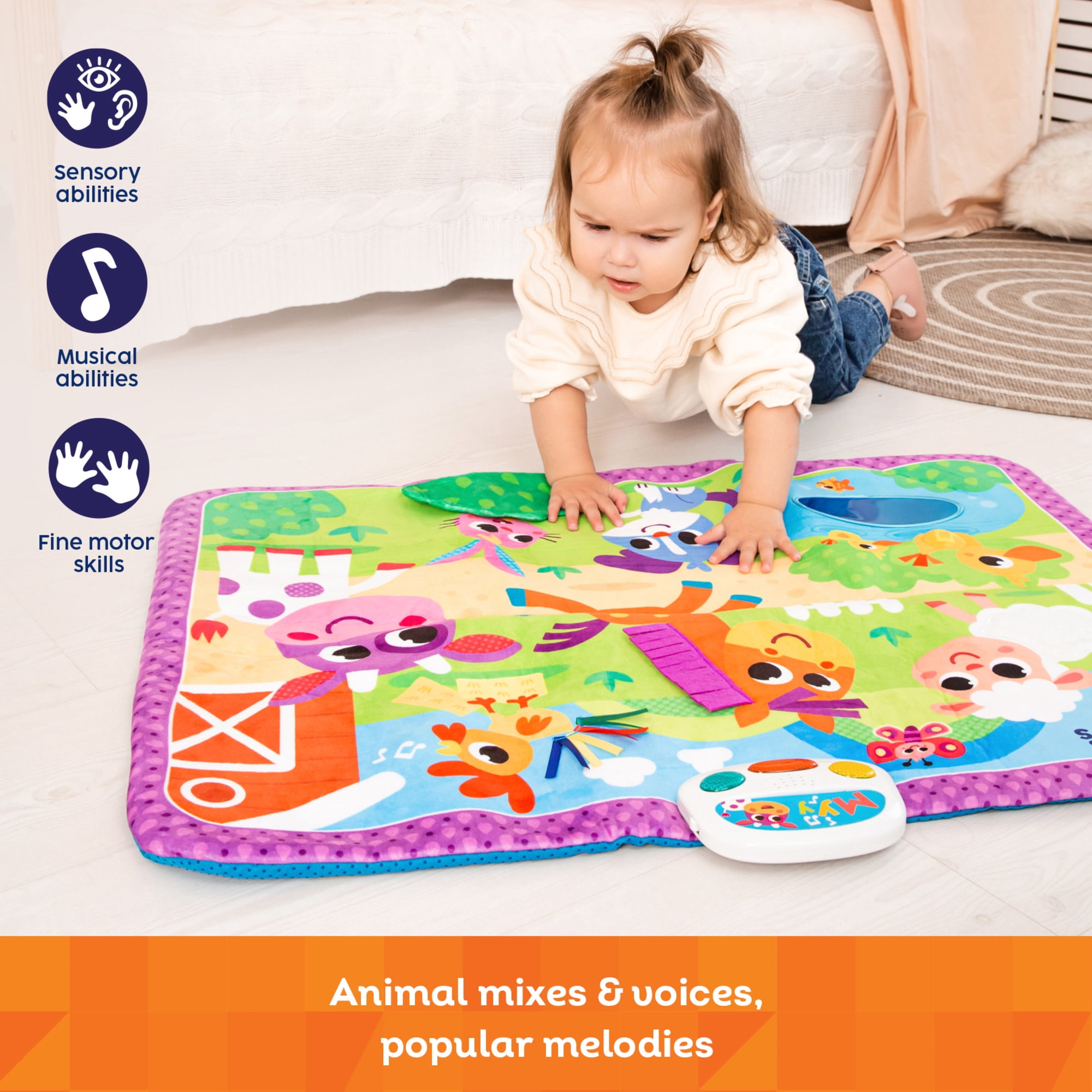 Kids Hits: Touch & Play Mat - Farm Friends - 31.5x23.6" Sensory Floor Pad, Lights-Animal Sounds-Songs Module, Tactile Learning Toy, Baby-Toddler 6Mo+
