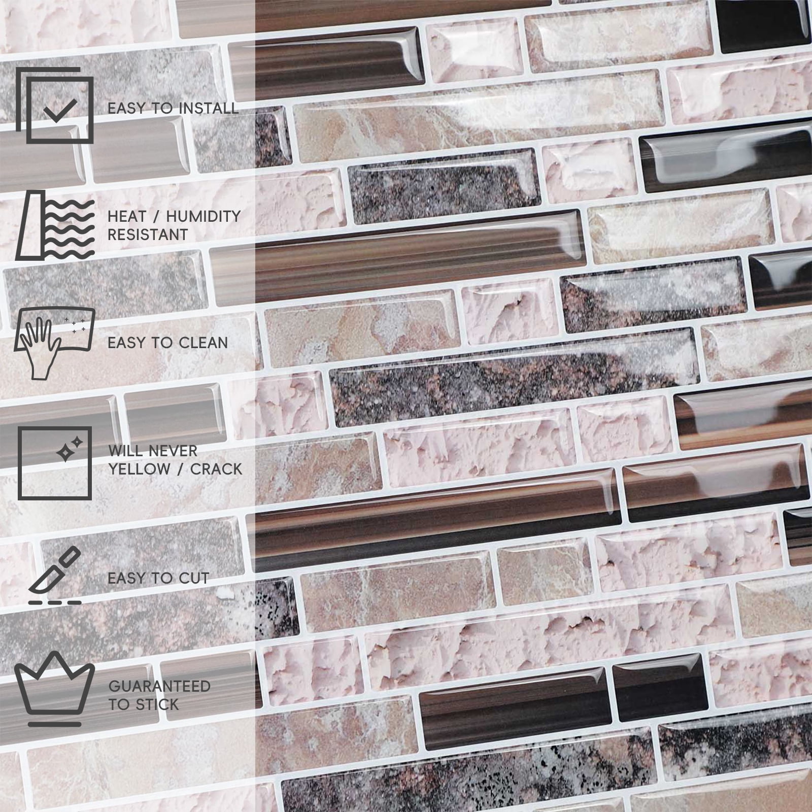 10-Sheet Peel and Stick Backsplash, 12" x 12" Self Adhesive 3D Backsplash Wall Tile Sticker for Kitchen Bathroom