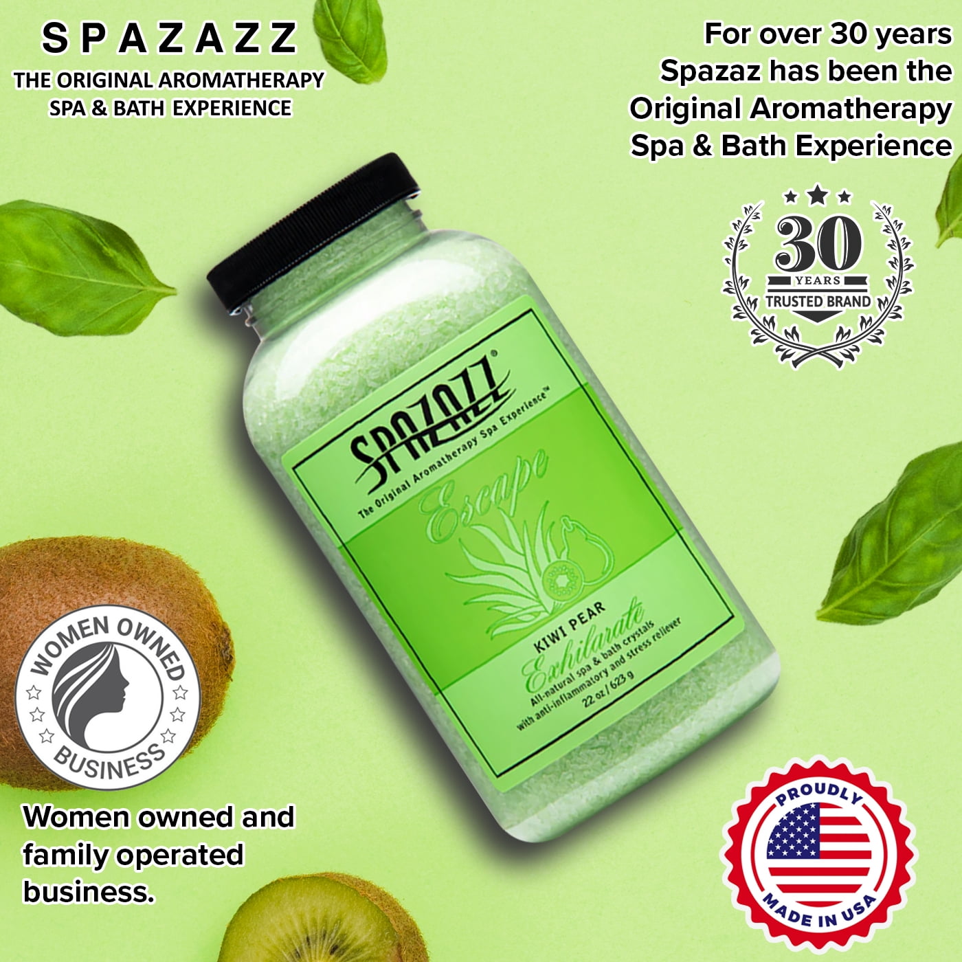 Spazazz Aromatherapy Escape Kiwi Pear Exhilarate Spa and Bath Crystals, 2 Pack (22 oz Each). Crystals and Bath Salts for Hot Tub and Bathtub Spa - Aromatherapy Scented Salts for Relaxation!