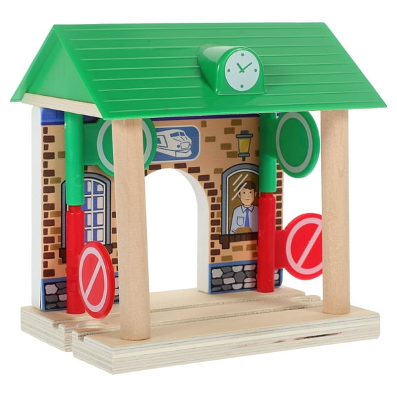 Wooden Train Station Model for Kids, Wood Railway Building Scene Layout Accessory Toy Set
