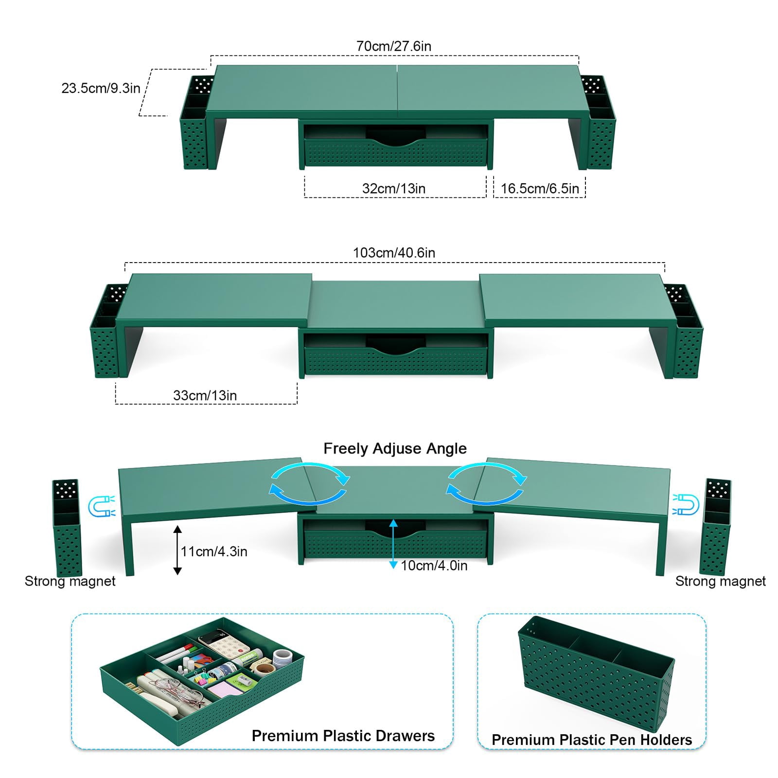 Metal Desk Organizers And Accessories  Dual Monitor Stand Riser With Drawer 2 Pen Holders & Workspace Desktop For Office Supplies (dark Gree)