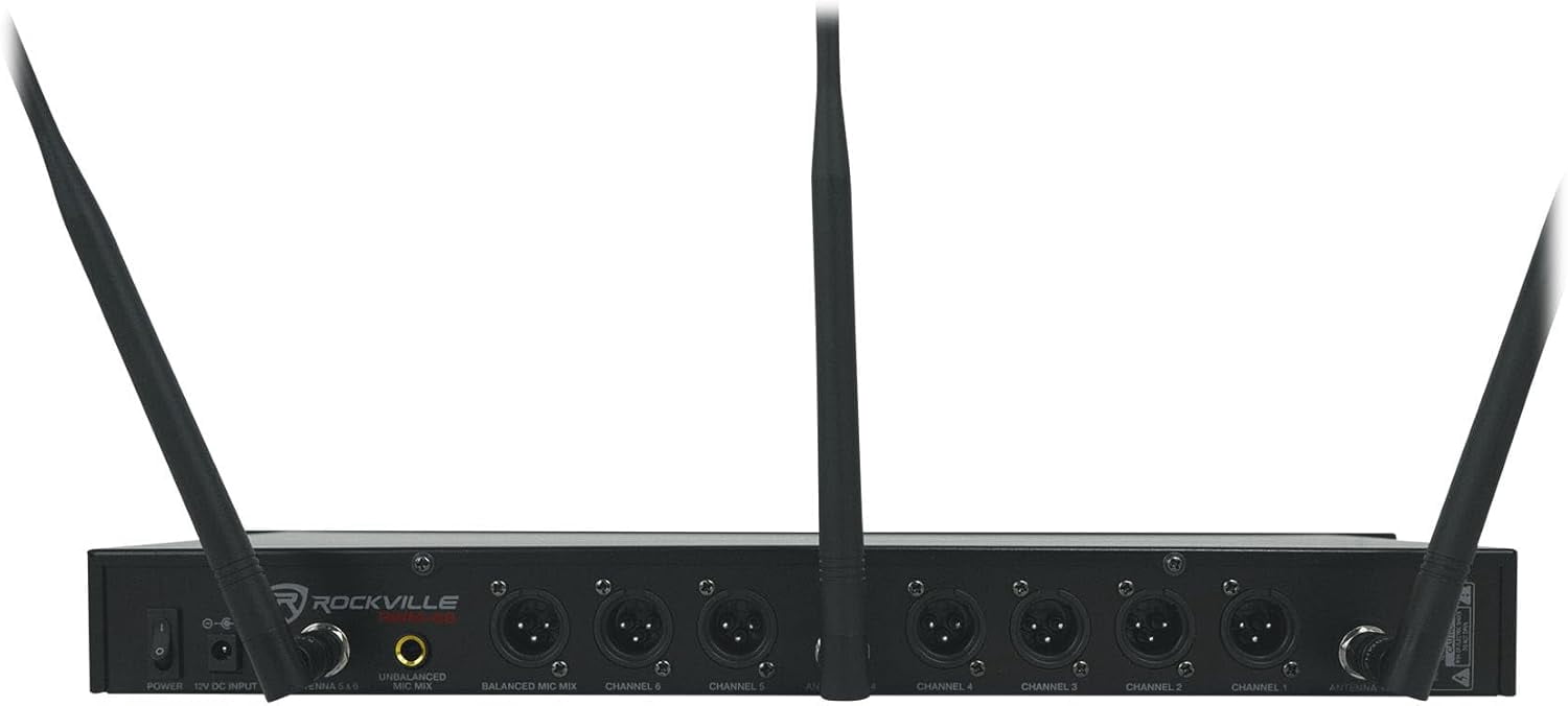 Rockville RWM-66 6-Mic Wireless UHF Microphone System, 48 Channels, Metal Build, Interference-Free, Long Range, Easy Setup, for Karaoke, Events, and Live Performances