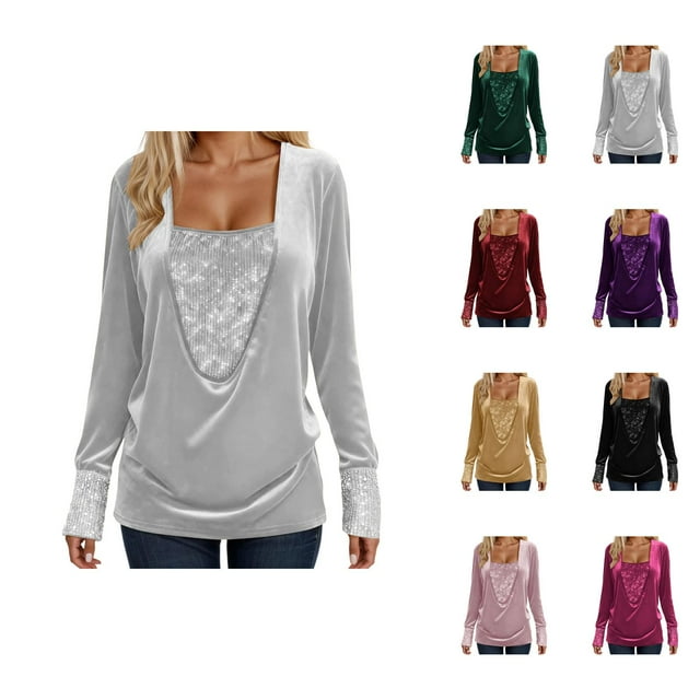 Hauts Scintillants pour Femmes Printemps 2026 Mode Y2K Manches Longues Col en V Velours Ample Patchwork T-Shirts Tenue Rave