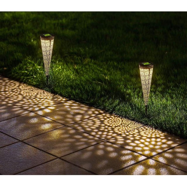 CHAO Luces solares para caminos, paquete de 2 luces solares impermeables, luz cónica para césped, decoración de paisaje, iluminación para jardín, paisaje, camino, lámpara, linternas (blanco cálido)