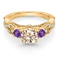 thumbnail image 2 of Gem Stone King 18K Yellow Gold Plated Silver Peach Morganite Purple Amethyst and White Moissanite Engagement Ring for Women (1.07 Cttw, Gemstone October Birthstone, Round 6MM and 3MM, Size 7), 2 of 4