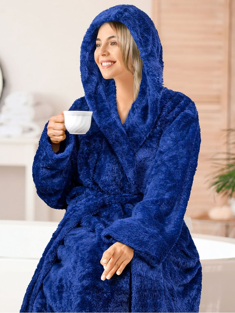 blue fluffy dressing gown Pavilia Women Hooded Plush Soft Robe wizard blue robe