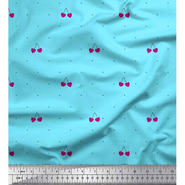 Soimoi Blue Cotton Voile Fabric Cherry & Dots Print Sewing Fabric Yard 56 Inch Wide