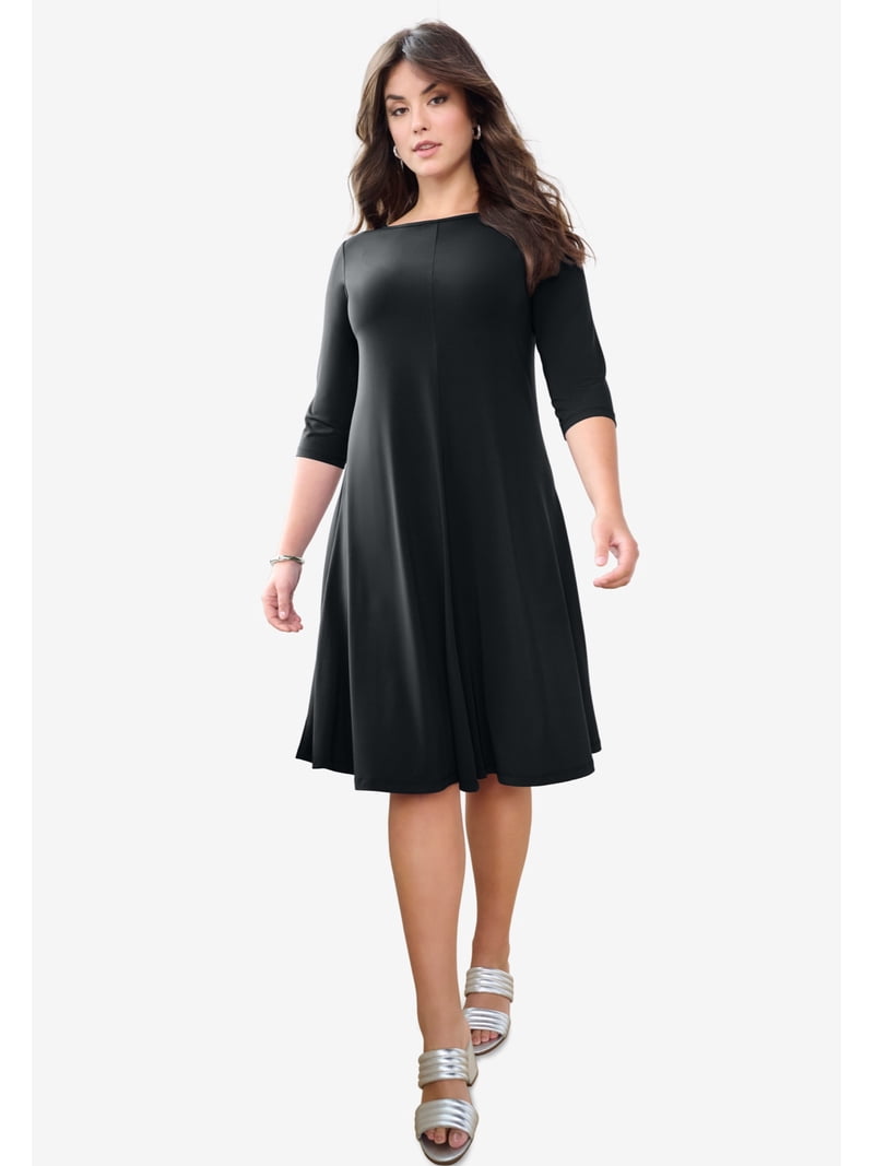 Plus Size Women's Plus Size 3/4 Sleeve Boatneck Swing Dress by Roaman's in Blue Mirrored Medallion (Size 38/40)