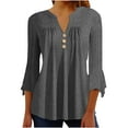 thumbnail image 2 of Teissuly Women's Casual Trumpet 3/4 Sleeve Buttoned Basic Ruched Tops Pleated T-shirts Blouses, 2 of 7