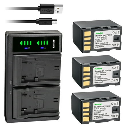 Kastar 3-Pack BN-VF823 Battery and LTD2 USB Charger Replacement for JVC BN-VF808 BN-VF808U BN-VF815 BN-VF815U BN-VF823 BN-VF823U BN-VF915 BN-VF915U BN-VF923 BN-VF923U Battery JVC GY-HM170U Camera