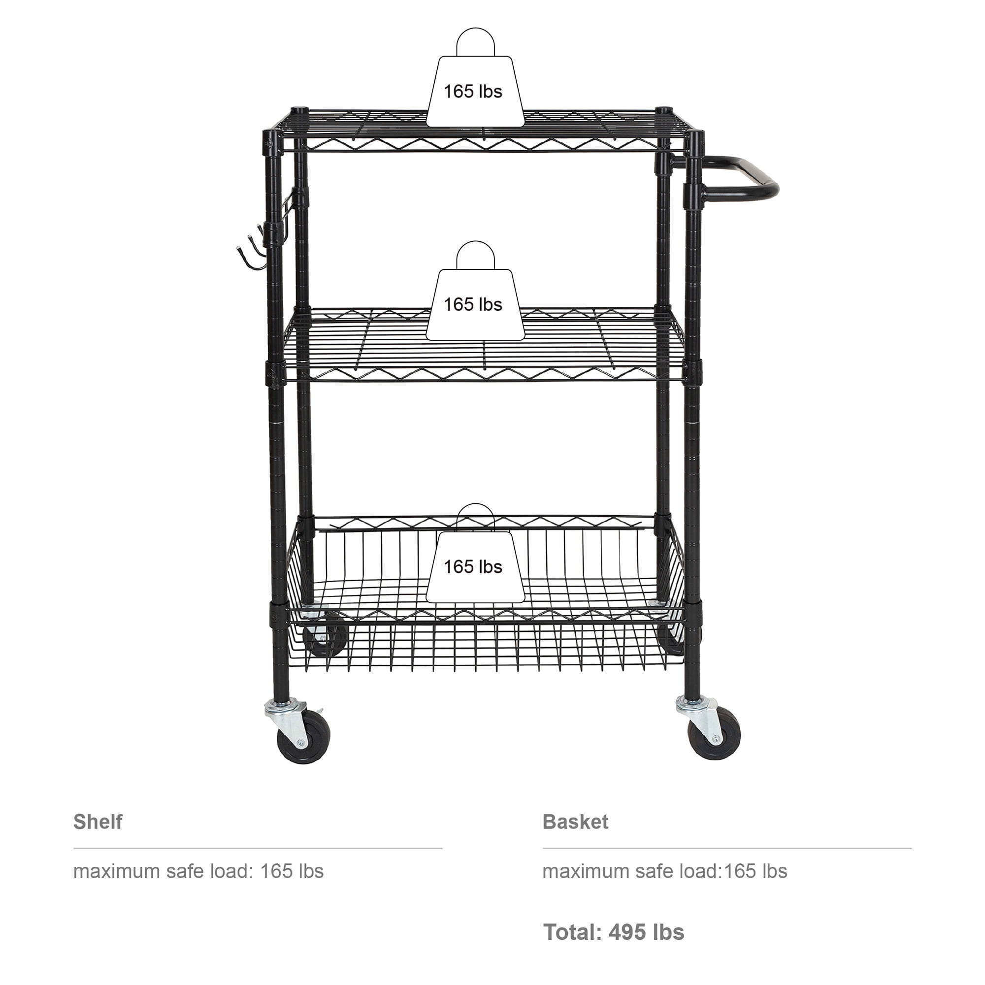 Hyper Tough 3-Tier New Multipurpose Rolling Cart, Black Color, 495lbs Load Capacity
