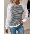 thumbnail image 4 of Women'S Solid Color Lace Trim Long Sleeve T-Shirt Round Neck See Through Casual Elegant Top Black & White XL, 4 of 7