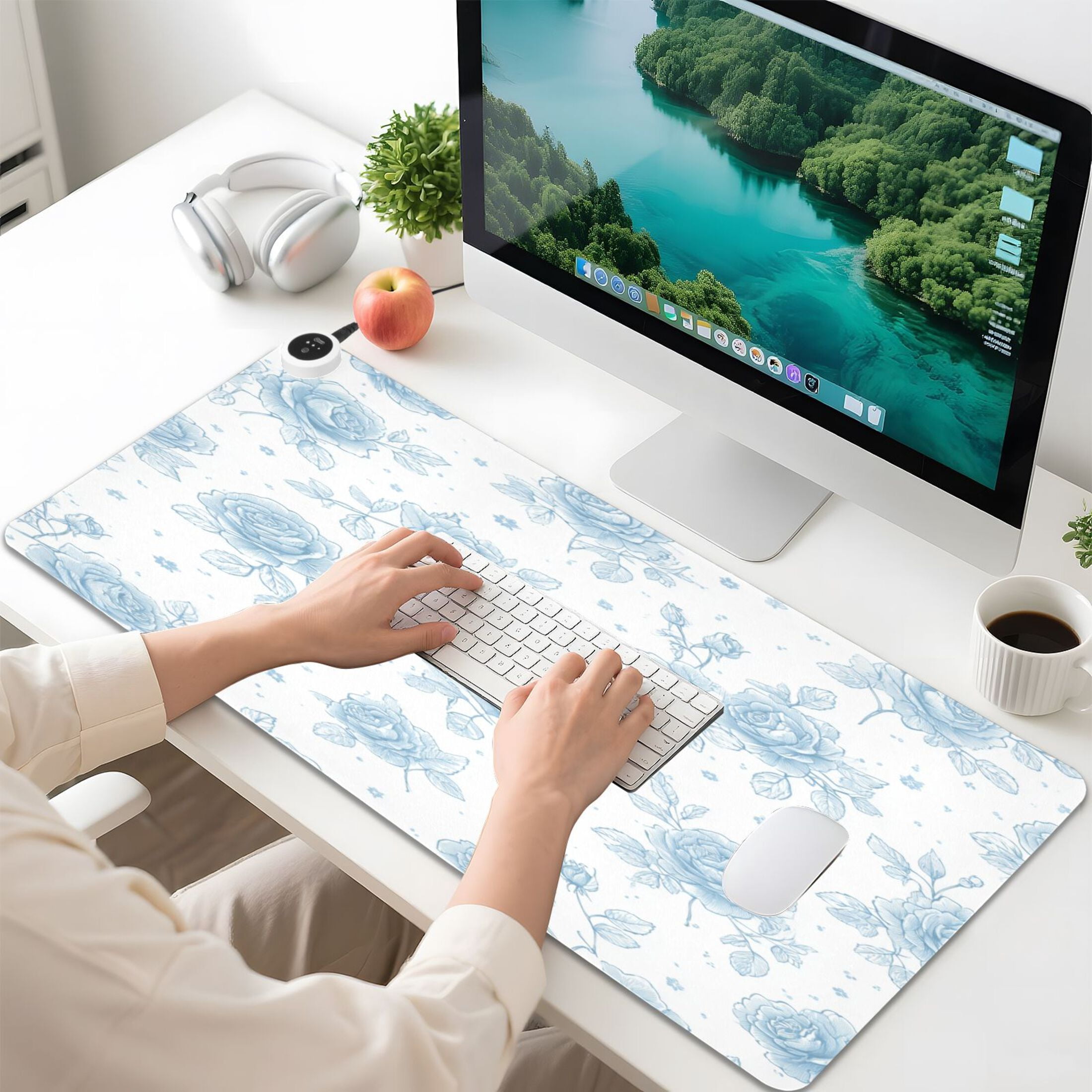 Large Heated Desk Mat Mouse Pad 31.5"x13"PU Leather Graphene Heating Desk Warmer with 3 Temperature Settings 110V US Plug Non-Slip Warm Pad for Home, Office, and Gaming Elegant Blue Rose Garden