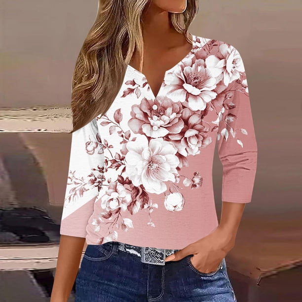TaTaai Casual Printed Shirt for Women V-Neck Button Front 3/4 Sleeve Loose Fit Blouse Fashion Unstructured Print Soft Comfortable Top for Spring Summer Daily Gift