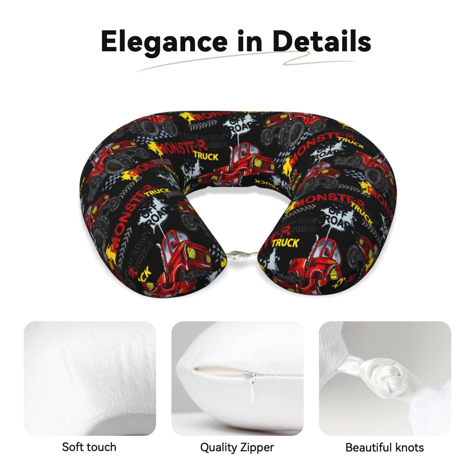 Xecao Monster Truck Print Memory Foam Cervical Neck Pillow Versatile U-Shaped Pillows for Home,Office,Camping,Travelling,Soft Washable Cover