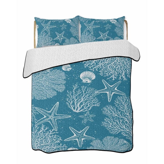 Twin Quilt Bedding Set, Blue Coastal Reversible Summer Quilt 3 Pieces, Starfish Coral Summer Beach Ocean Lightweight Bedspreads Coverlets with 2 Pillow Shams for All Seasons