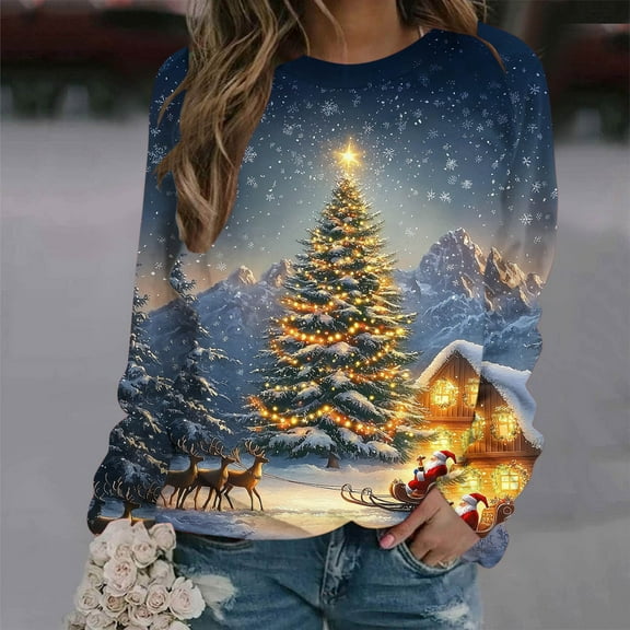 Sakmal Crew Neck Womens Sweatshirts Christmas Oversized Yellow Tops Cute Christmas Trees Sweatshirt for Women