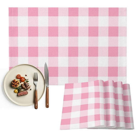 Placemats Set of 4, Pink Buffalo Plaid Placemats Set of 4, Spring Watercolor Check Stripe Tablemats Placemat Table Decoration for Kitchen Table Dinner Party Home Decor Indoor Outdoor 13x19 Inch
