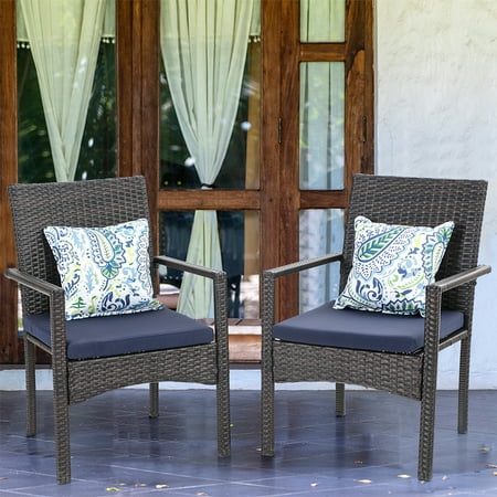 MF Studio 2 Pieces Outdoor Rattan Dining Chairs, All Weather Patio Armrest Rattan Chairs with Cushion, Brown
