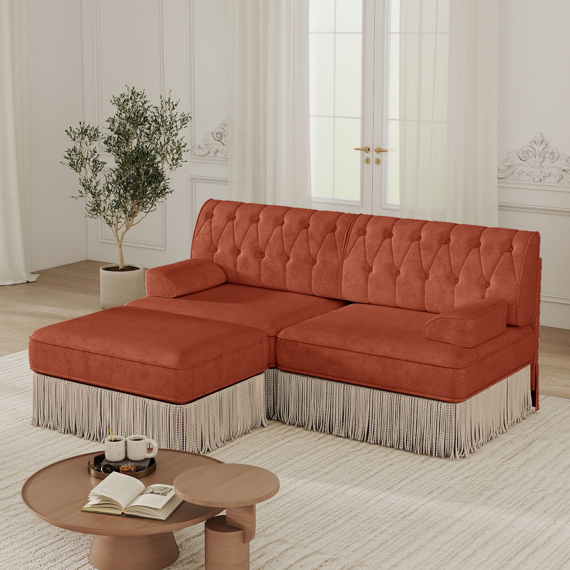 MAYEERTY L-Shaped Chesterfield Sofa, Modular Couch with Tassel & Ottoman, Solid Wood Base for Living Room Bedroom
