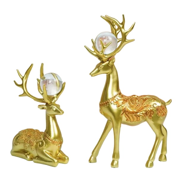 Billuyoard 2Pcs Nordic Couple Deer Statue Figurine Feng Shui for TV Stand Home Desktop Decoración del hogar Oro