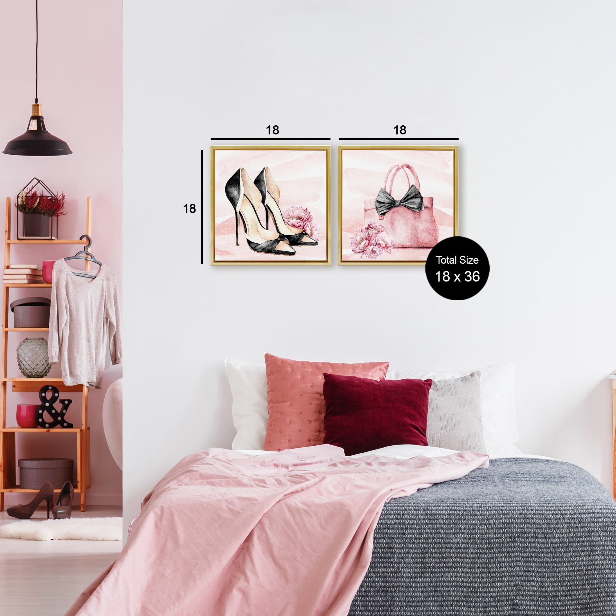 Stupell Industries Rosy Glam Time Shoes 2 Piece Gold Framed Floater Canvas Set, design by Kim Allen