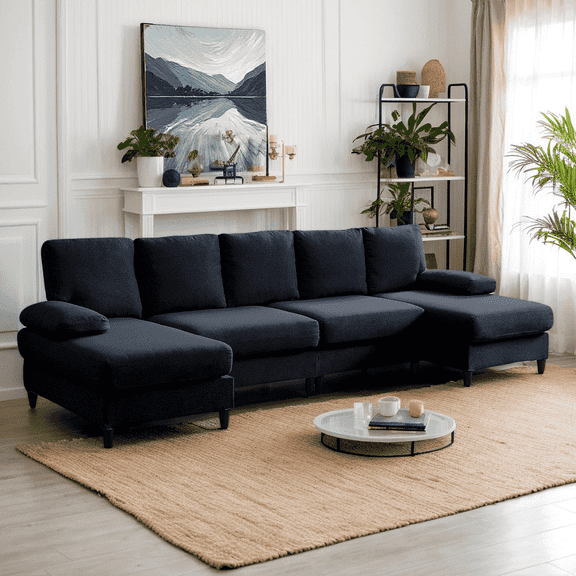 Puremind 114"W U-Shaped Sectional Sofa, Linen 4 Seat Sectional Couch with Double Chaises for Living Room/Apartment, Dark Gray
