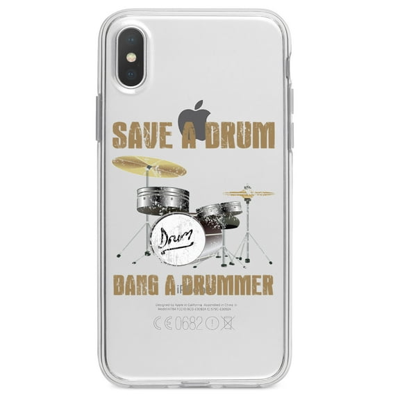 DistinctInk Clear Shockproof Hybrid Case for iPhone XR (6.1" Screen) - TPU Bumper Acrylic Back Tempered Glass Screen Protector - Save a Drum, Bang a Drummer