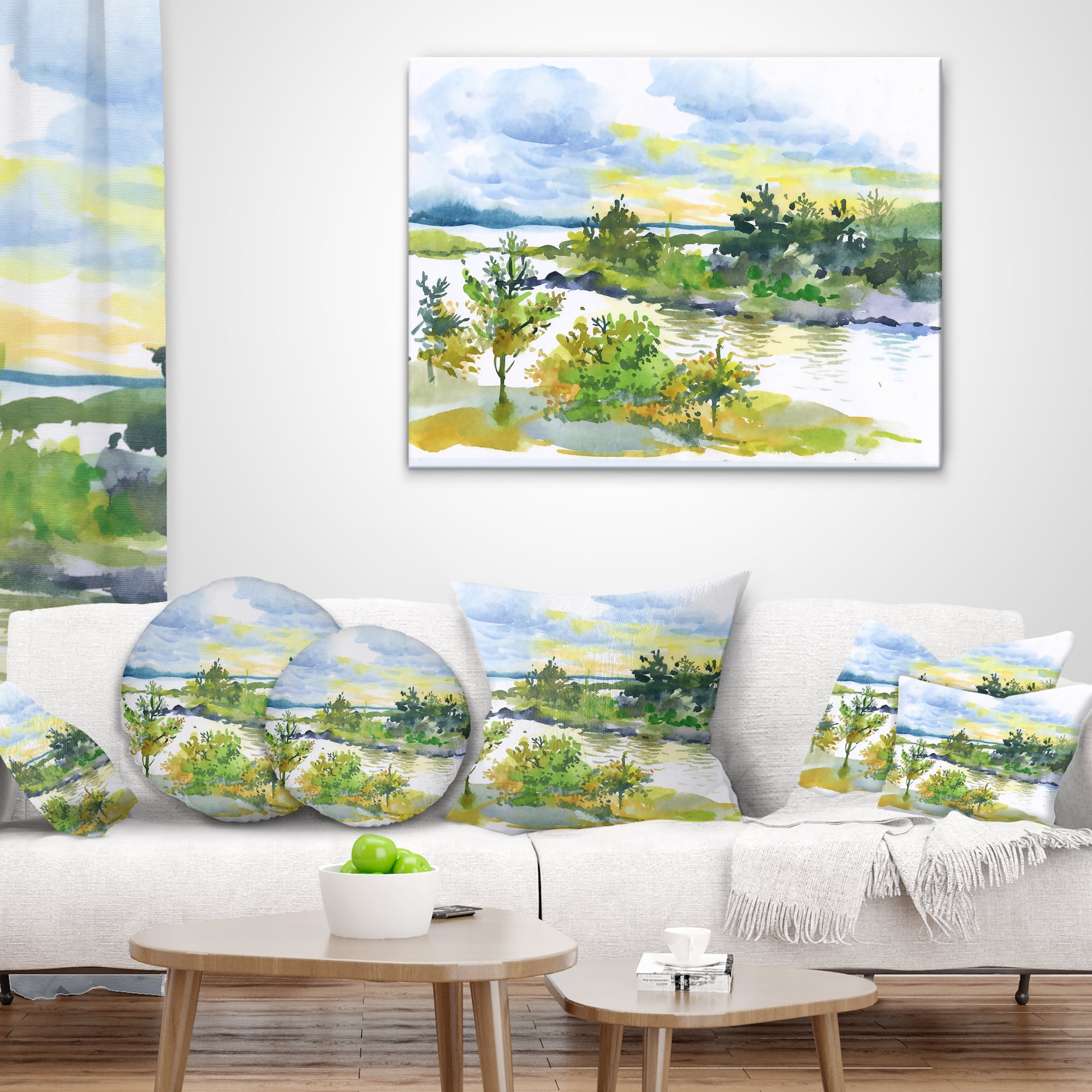 Designart Autumn Forest and Lake Watercolor - Landscape Printed Throw Pillow - 18x18
