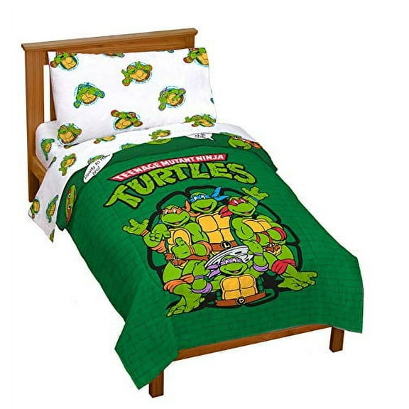 Nickelodeon Teenage Mutant Ninja Turtles Green Bricks 4 Piece Toddler Bed Set, 100% Microfiber