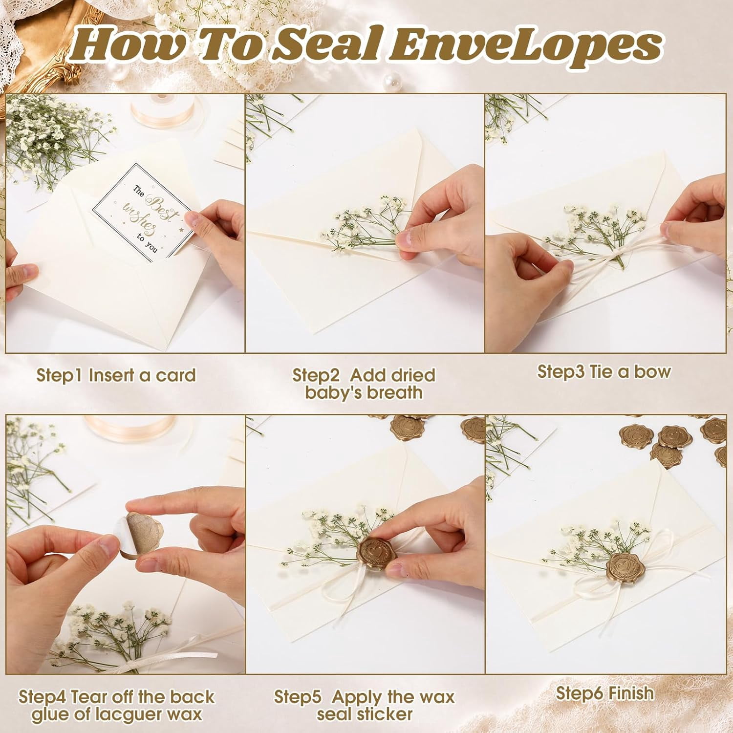50 Sets Wedding Invitations Wraps Set Include Envelope for 5 x 7 Inch Invitations Self Adhesive Gold Wax Seal Sticker Dried Flowers for DIY Photos Cards Dining Table(Elegant,Beige)