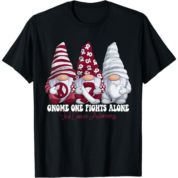 Funny Gnomies Oral Cancer Awareness Month Burgundy Ribbon T-Shirt
