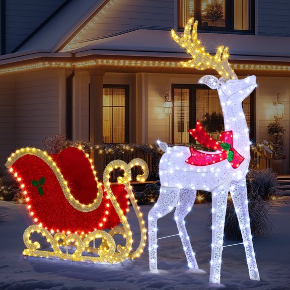 Ktaxon 5ft Christmas Reindeer & Sleigh Set Lighted Outdoor Yard Decoration