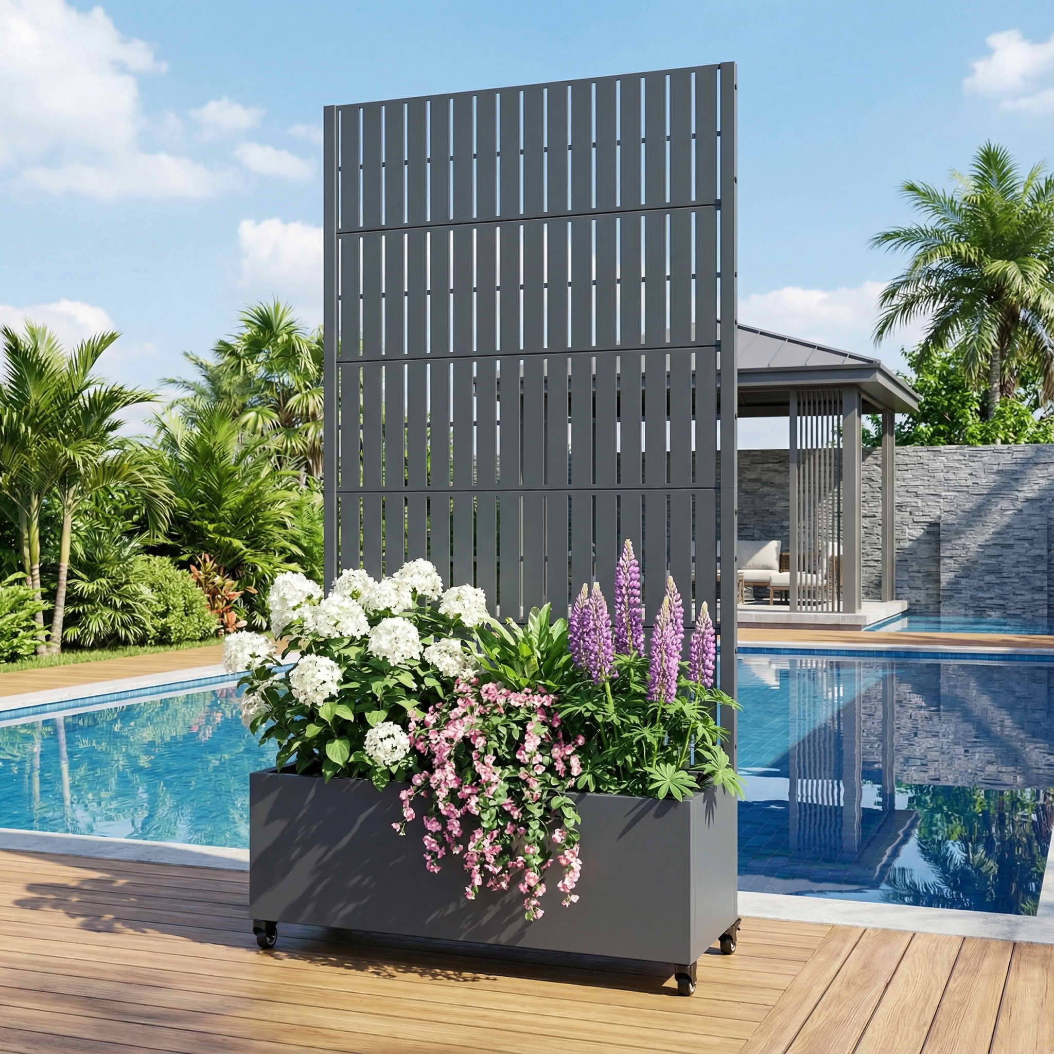 MAYEERTY 72X35" Metal Outdoor Cambrian Gray Privacy Screen with Planter Box for Backyard & Garden, 5 Piece Set