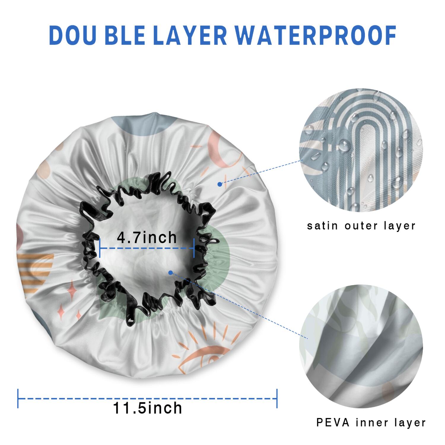 Shower Caps,Blue Boho Abstract and Plant Pattern Waterproof Shower Cap for Women 4 Pieces,Double Reusable Hair Cover for Shower PEVA Elastic Stretch Hem