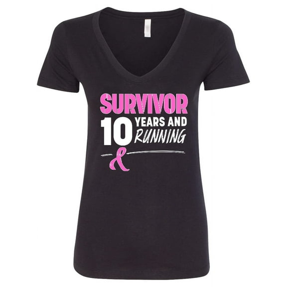 Inktastic Breast Cancer Survivor 10 Years and Running with Pink Ribbon Women's V-Neck T-Shirt