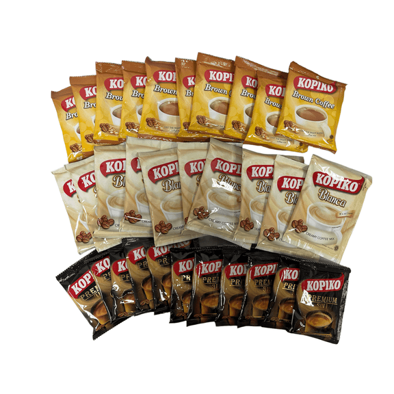 Kopiko 3 in 1 Instant Coffee Mix Combo of Brown Coffee, Blanca and Premium; 10 Single Serving Each Total 30 Sachets.